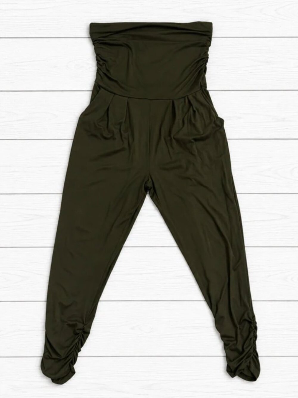 ADC Women's Olive Green Strapless Ruched Knit Jumpsuit L With Pockets